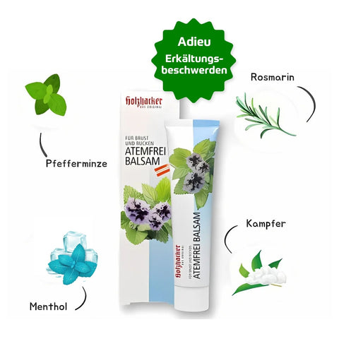 Holzhacker Atemfrei Balsam 75 ml Tube - adieu Erkältungsbeschwerden. Inhaltsstoffe: Pfefferminze, Menthol, Rosmarin, Kampfer. Foto mit Atemfreibalsam, Umkarton und den aufgezählten Kräutern. | Naturpräparate Dieterich