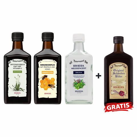 Immun-Schutzschild-Set – Natürlich durch die Erkältungszeit mit gratis original Riviera Schwedenbitter in 250 ml Glasflasche. Foto mit Riviera Spitzwegerich Saft, Immunkomplex, Melissengeist und Original Schwedenbitter.| Naturpräparate Dieterich